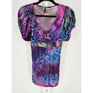 Vtg Y2K Womens Sz M Mini Tunic Length Dress Purple Blue Animal Marbled Print